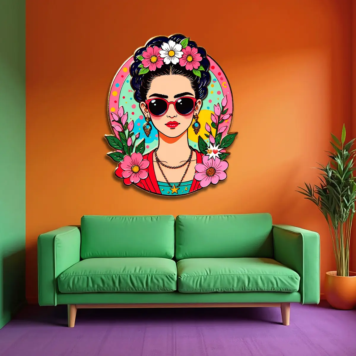 Çiçek Taçlı Güneş Gözlüklü Kadın Pop Art Metal Tablo