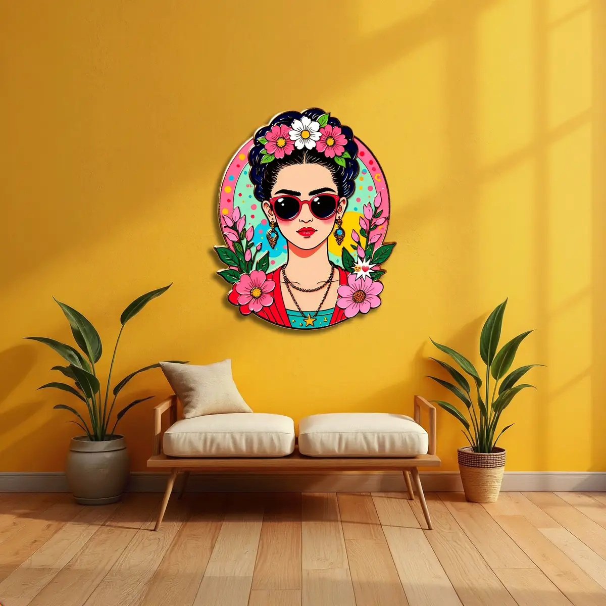Çiçek Taçlı Güneş Gözlüklü Kadın Pop Art Metal Tablo