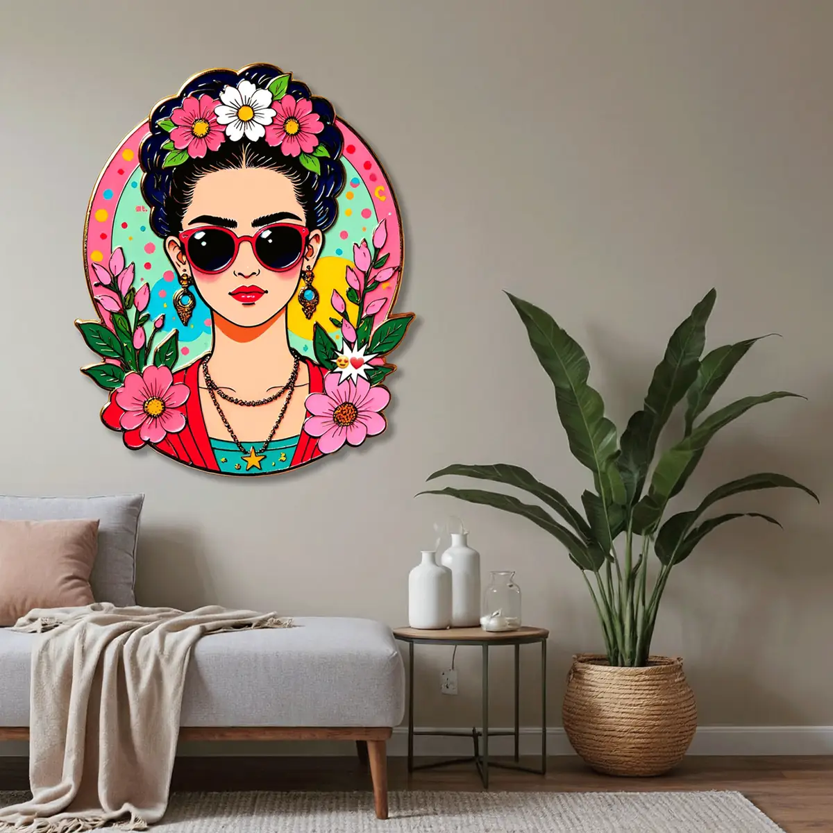 Çiçek Taçlı Güneş Gözlüklü Kadın Pop Art Metal Tablo