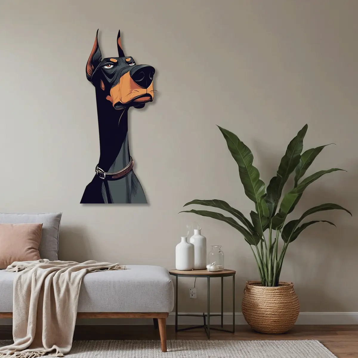 Çizgi Stili Doberman Köpek Metal Duvar Tablosu