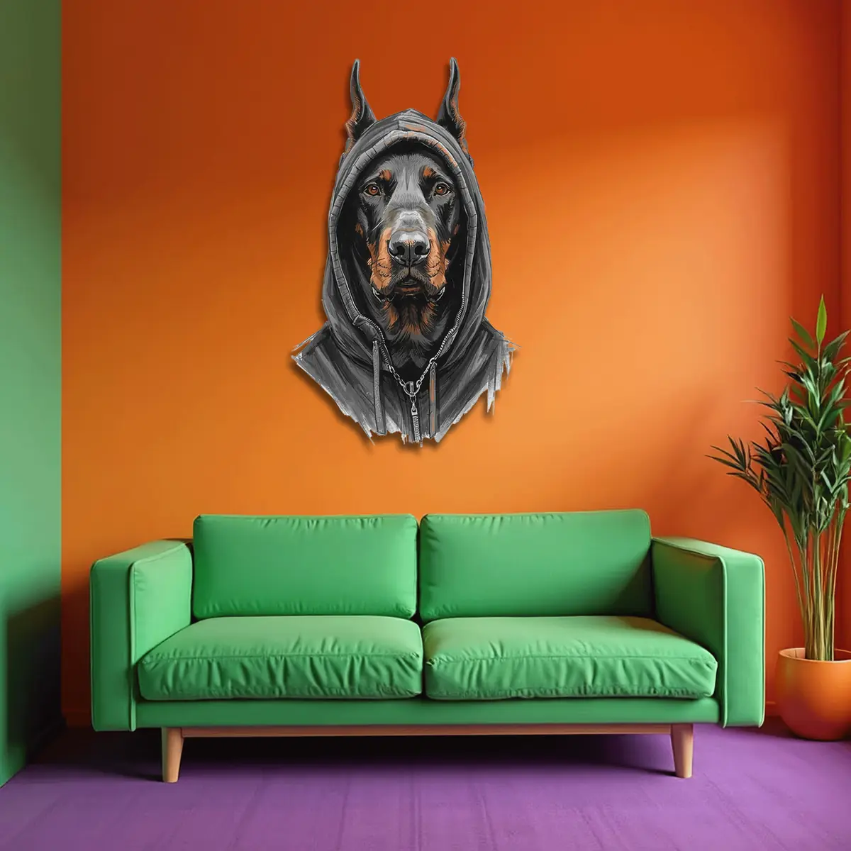 Kapüşonlu Doberman Köpek Metal Duvar Tablosu