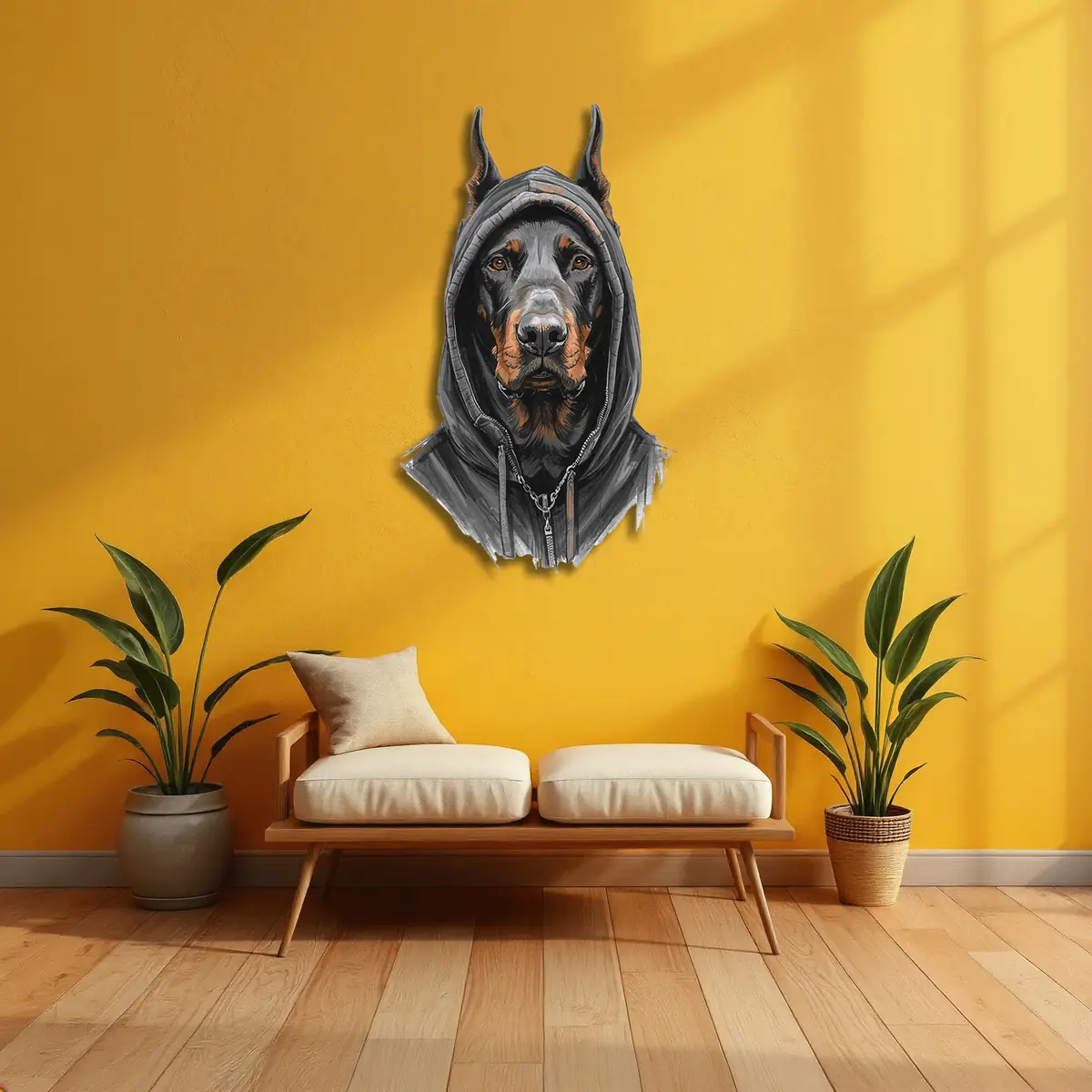 Kapüşonlu Doberman Köpek Metal Duvar Tablosu