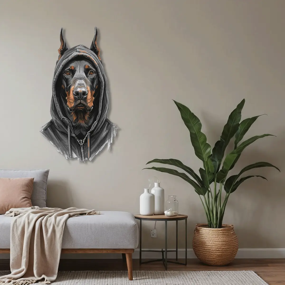 Kapüşonlu Doberman Köpek Metal Duvar Tablosu