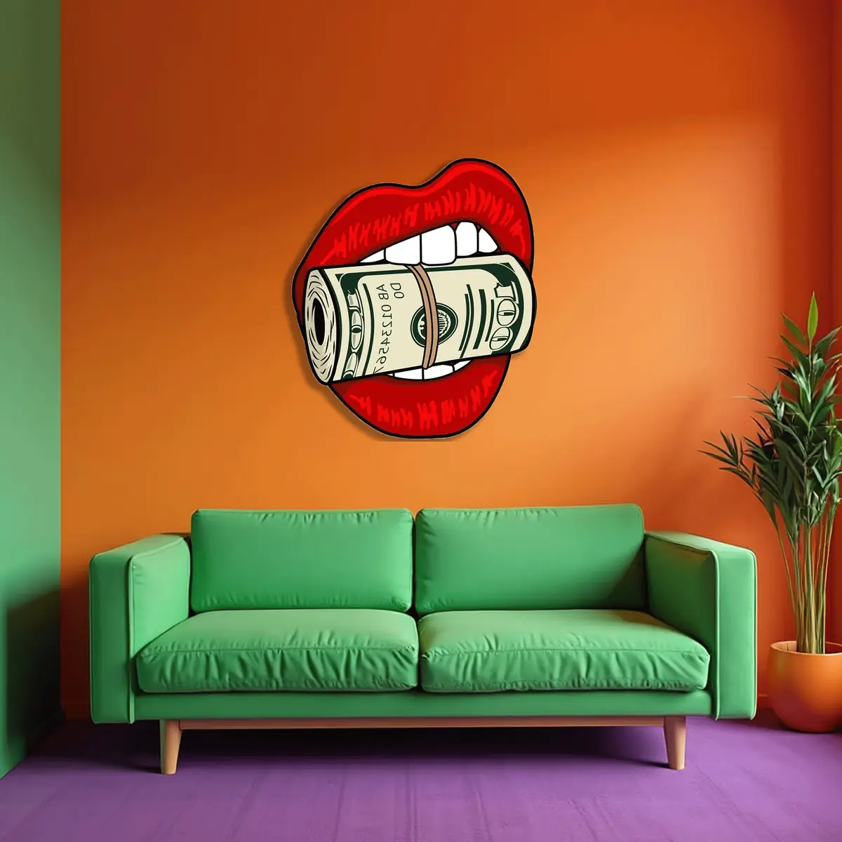 Dolar Tutan Kırmızı Dudak Pop Art Metal Duvar Tablosu