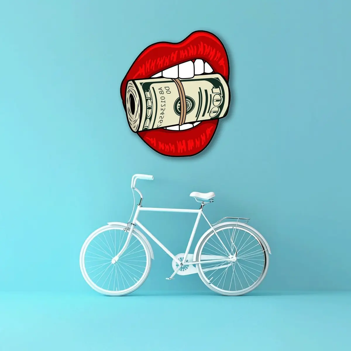 Dolar Tutan Kırmızı Dudak Pop Art Metal Duvar Tablosu