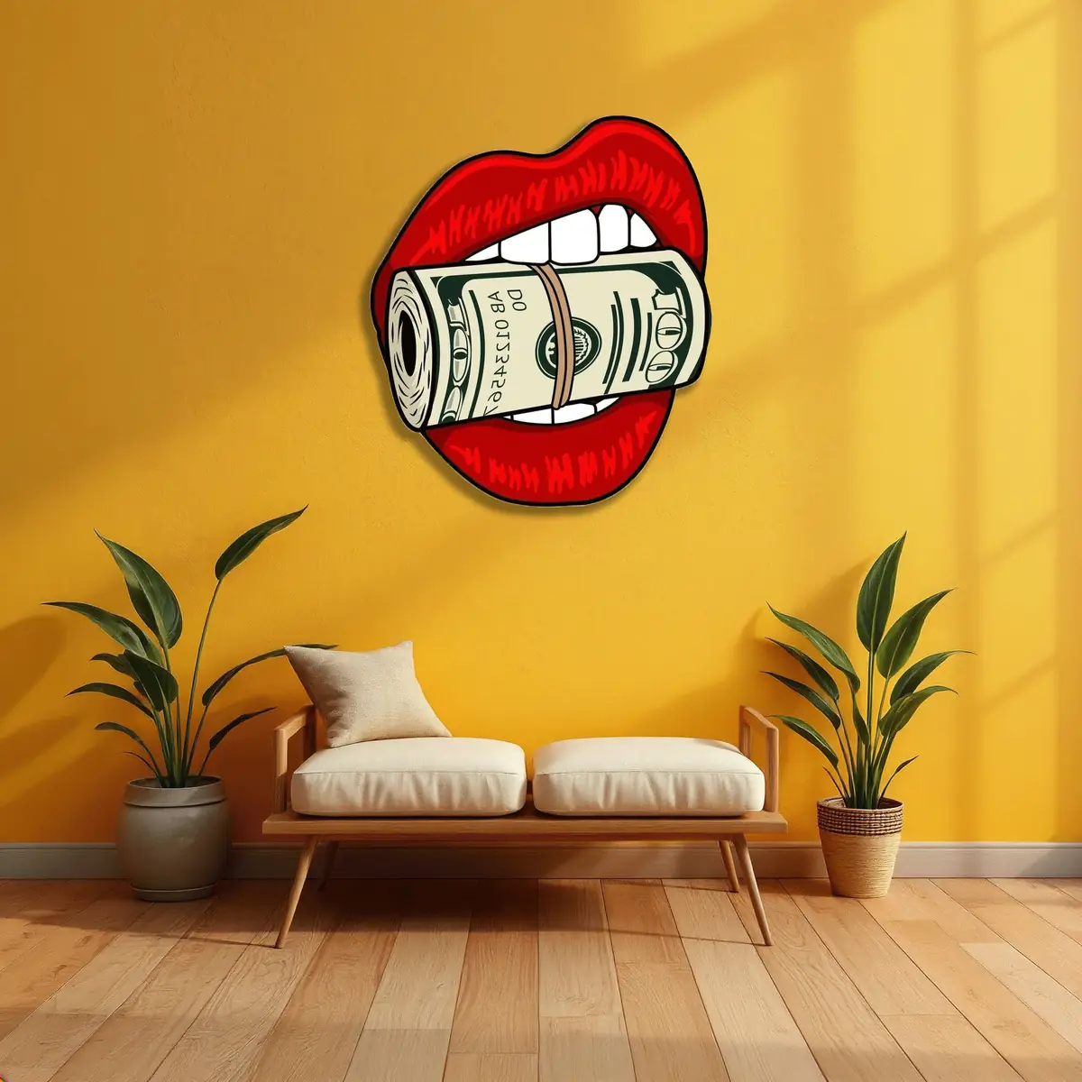 Dolar Tutan Kırmızı Dudak Pop Art Metal Duvar Tablosu