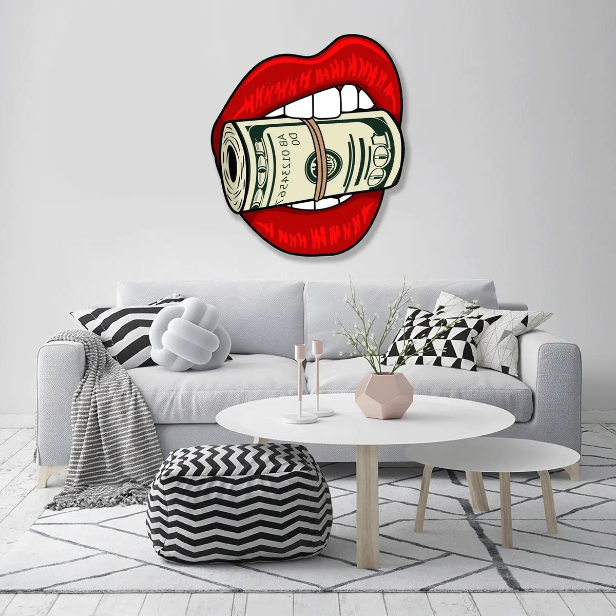Dolar Tutan Kırmızı Dudak Pop Art Metal Duvar Tablosu