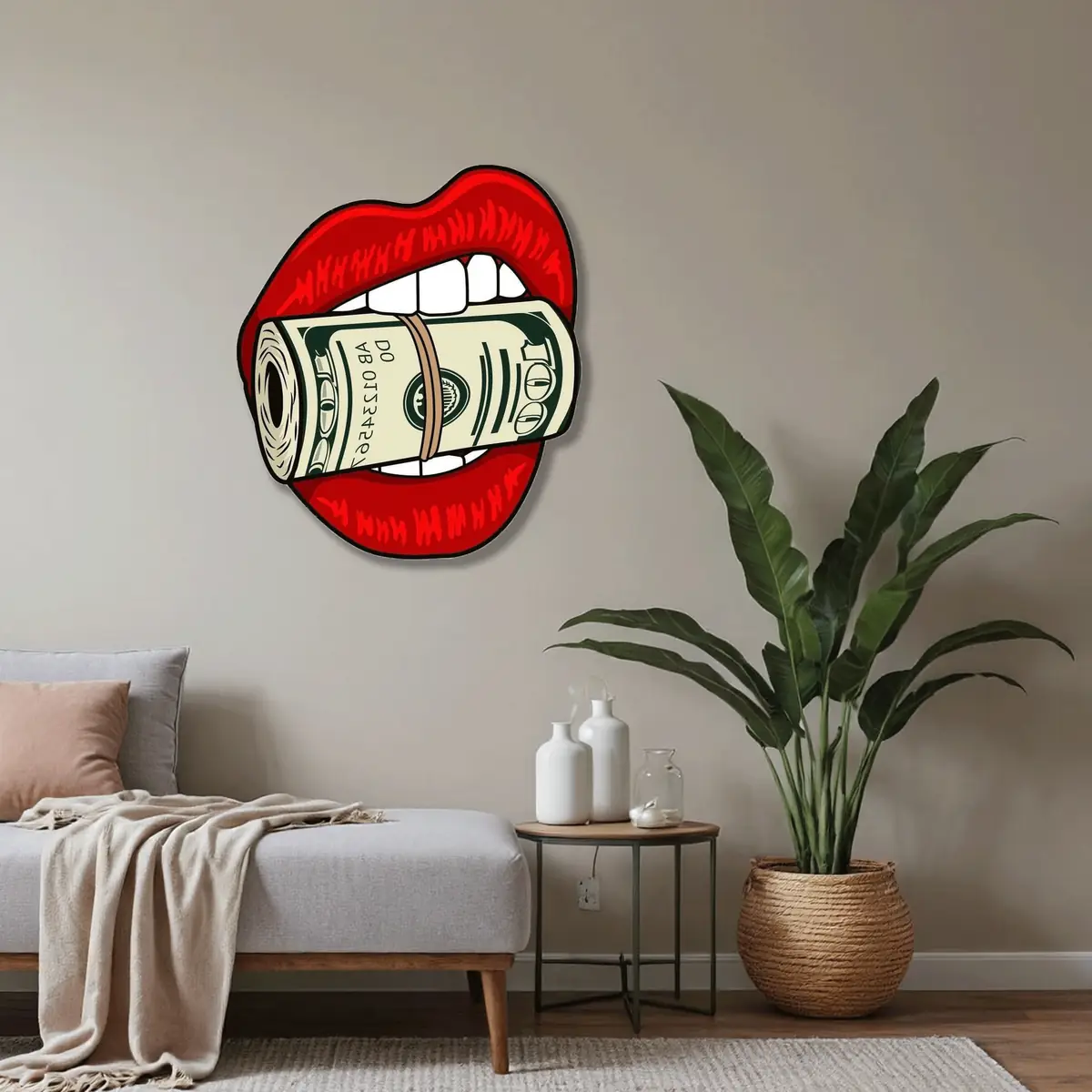 Dolar Tutan Kırmızı Dudak Pop Art Metal Duvar Tablosu