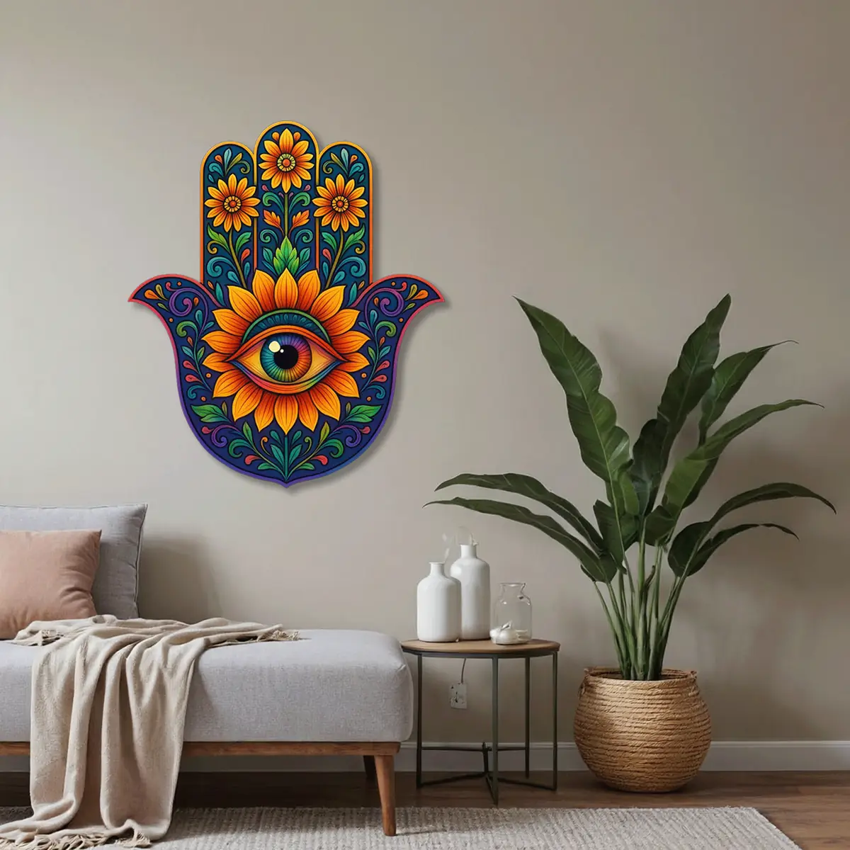 Nazar Gözlü Hamsa Eli Metal Duvar Tablosu