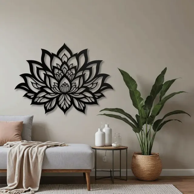 Lotus Mandala Siyah Metal Duvar Tablosu