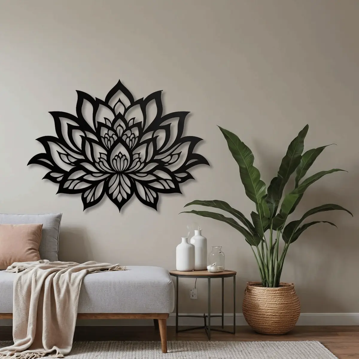 Lotus Mandala Siyah Metal Duvar Tablosu