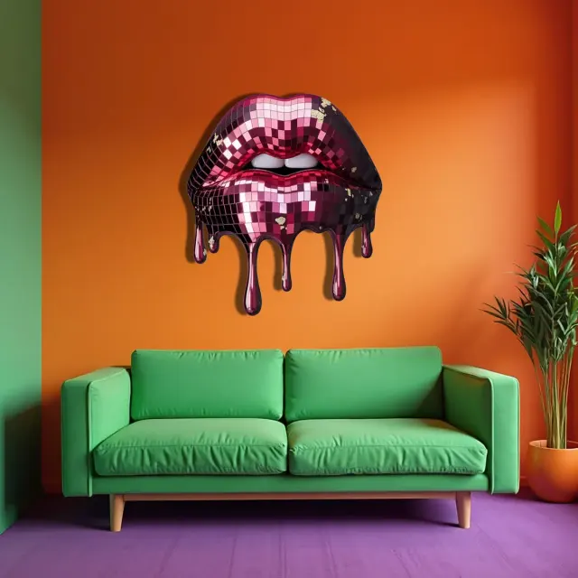 Disko Topu Dokulu Damlayan Dudak Pop Art Metal Tablo