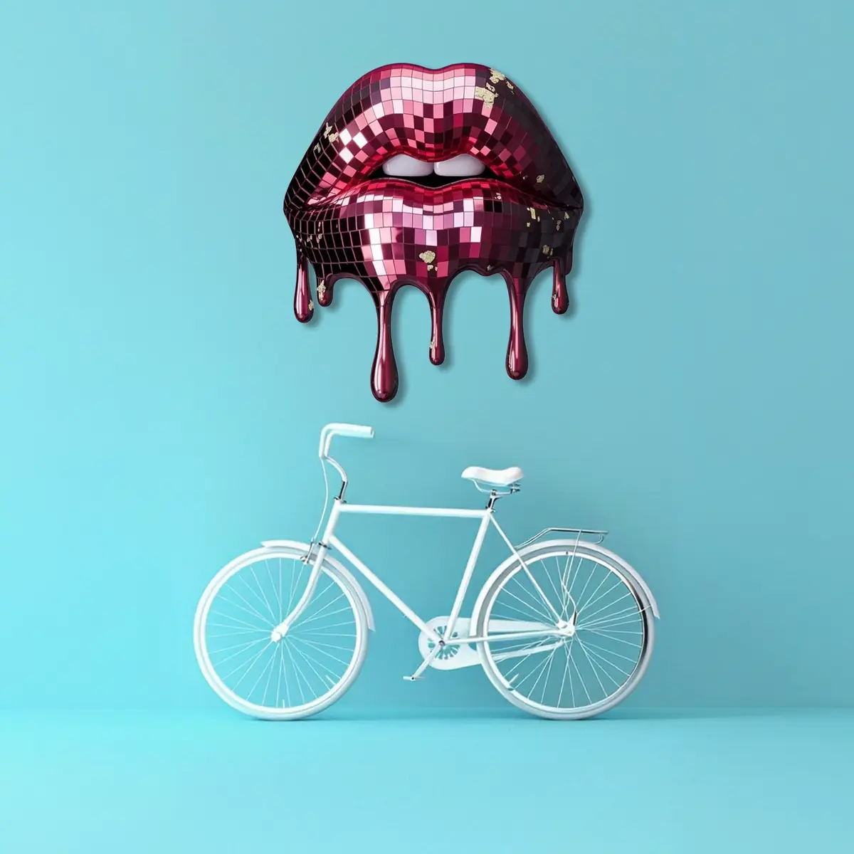 Disko Topu Dokulu Damlayan Dudak Pop Art Metal Tablo