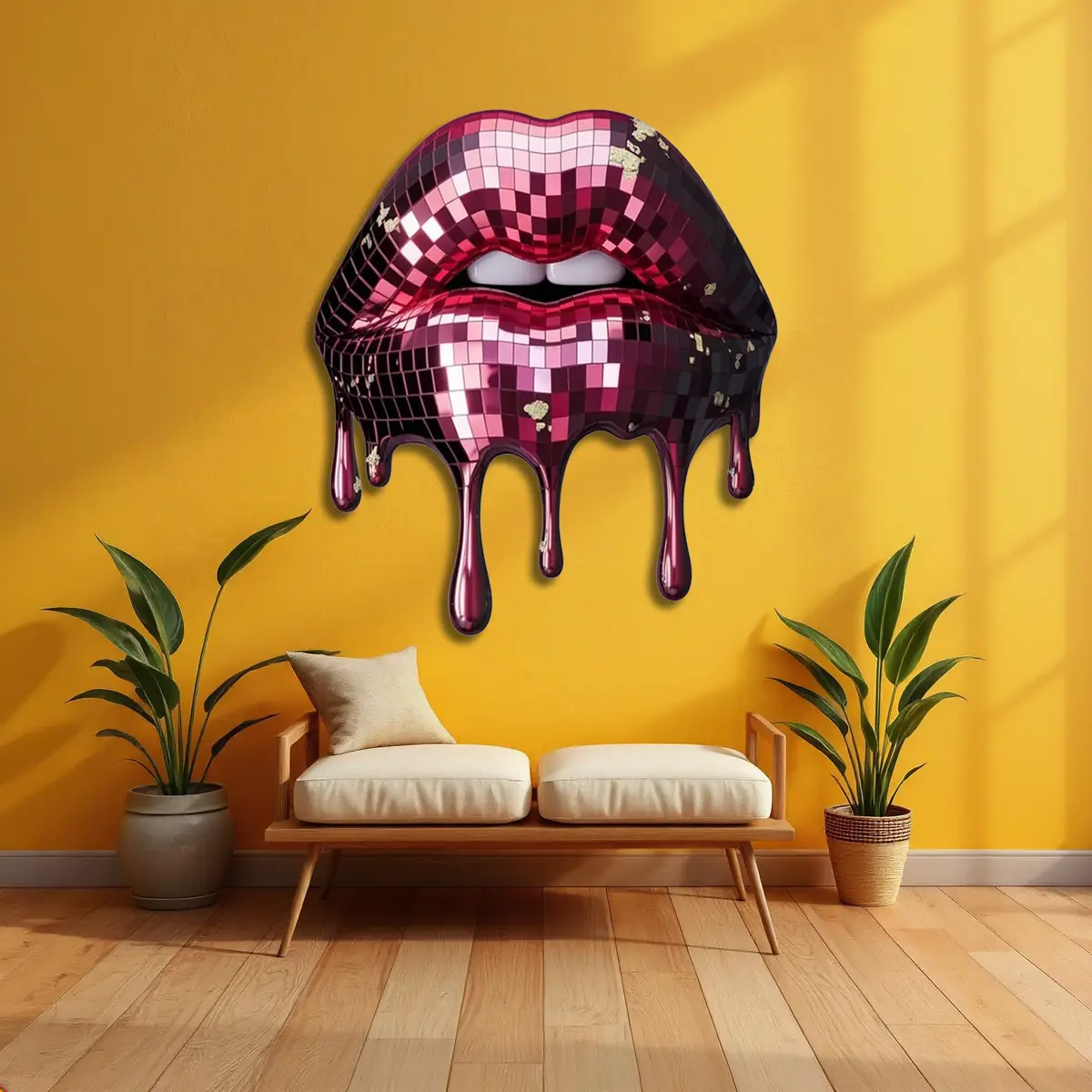 Disko Topu Dokulu Damlayan Dudak Pop Art Metal Tablo