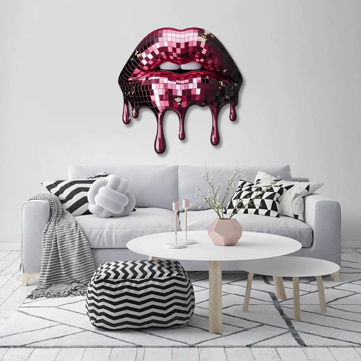 Disko Topu Dokulu Damlayan Dudak Pop Art Metal Tablo