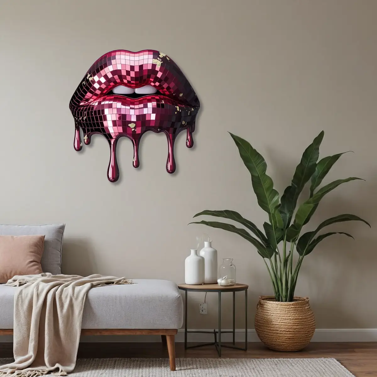 Disko Topu Dokulu Damlayan Dudak Pop Art Metal Tablo