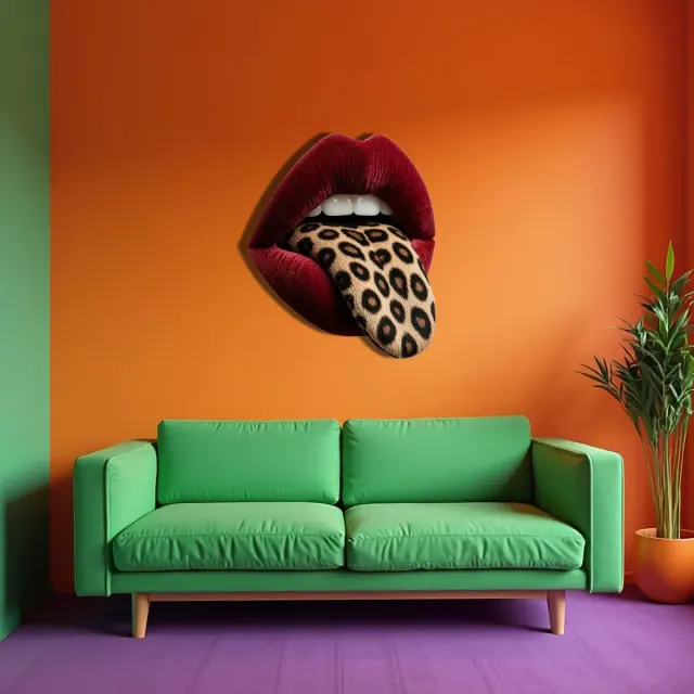 Leopar Desenli Dilli Kırmızı Dudak Pop Art Metal Tablo