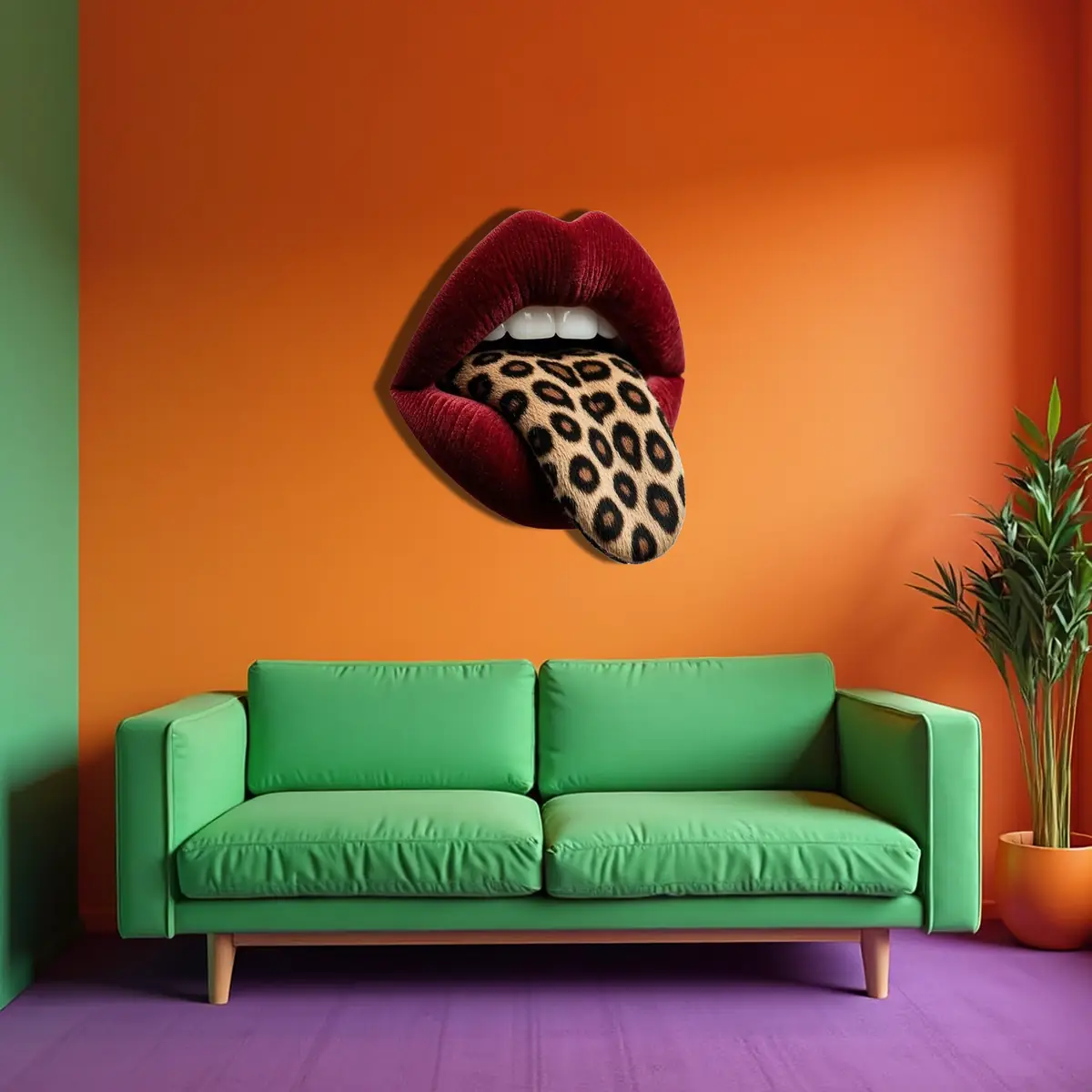 Leopar Desenli Dilli Kırmızı Dudak Pop Art Metal Tablo