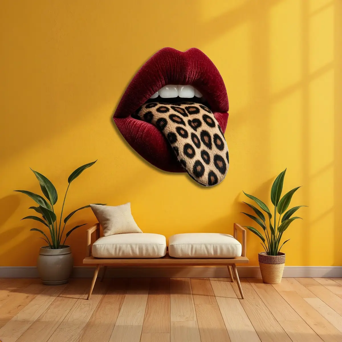Leopar Desenli Dilli Kırmızı Dudak Pop Art Metal Tablo