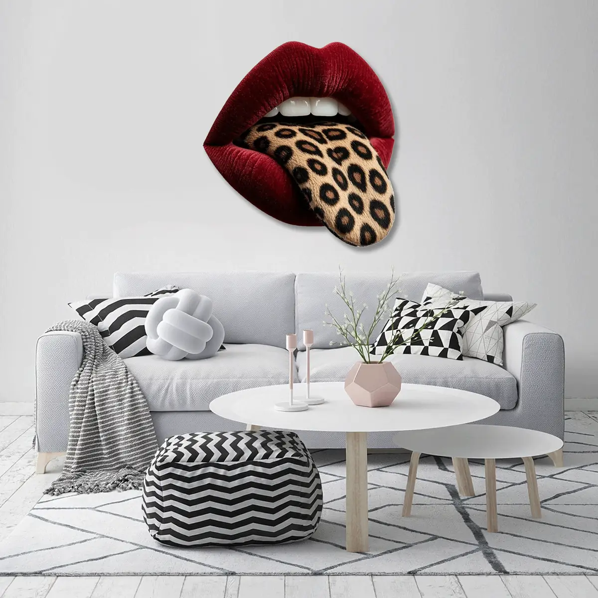 Leopar Desenli Dilli Kırmızı Dudak Pop Art Metal Tablo