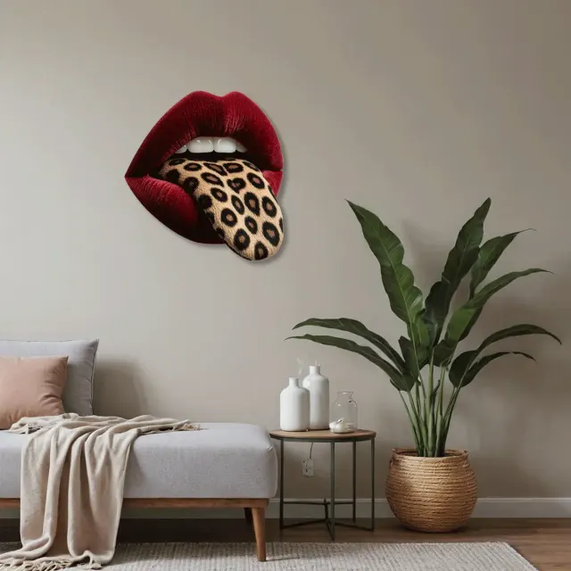 Leopar Desenli Dilli Kırmızı Dudak Pop Art Metal Tablo