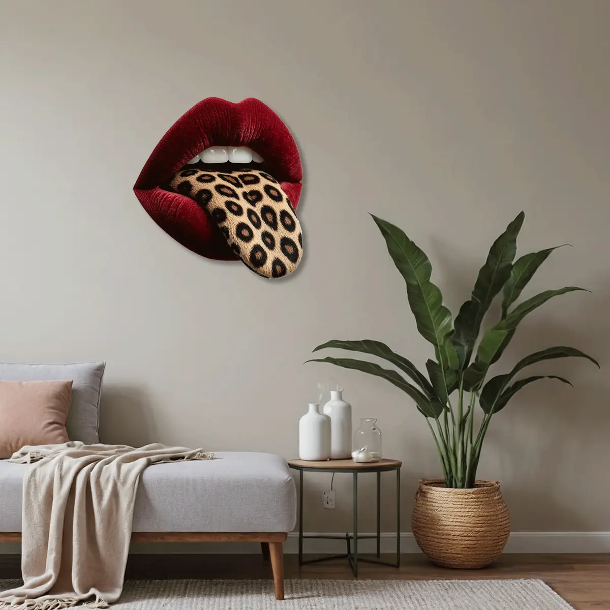 Leopar Desenli Dilli Kırmızı Dudak Pop Art Metal Tablo