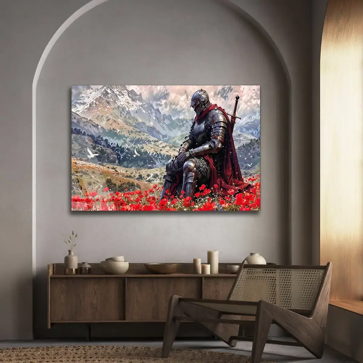 Kırmızı Gelincik Tarlasında Şövalye Cam Tablo