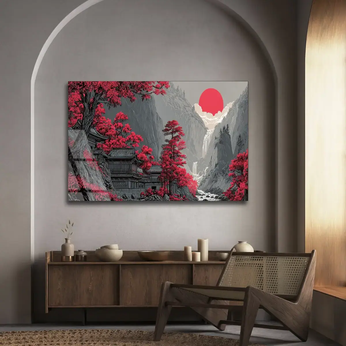 Kızıl Japon Tapınağı Dağ Manzarası Cam Tablo