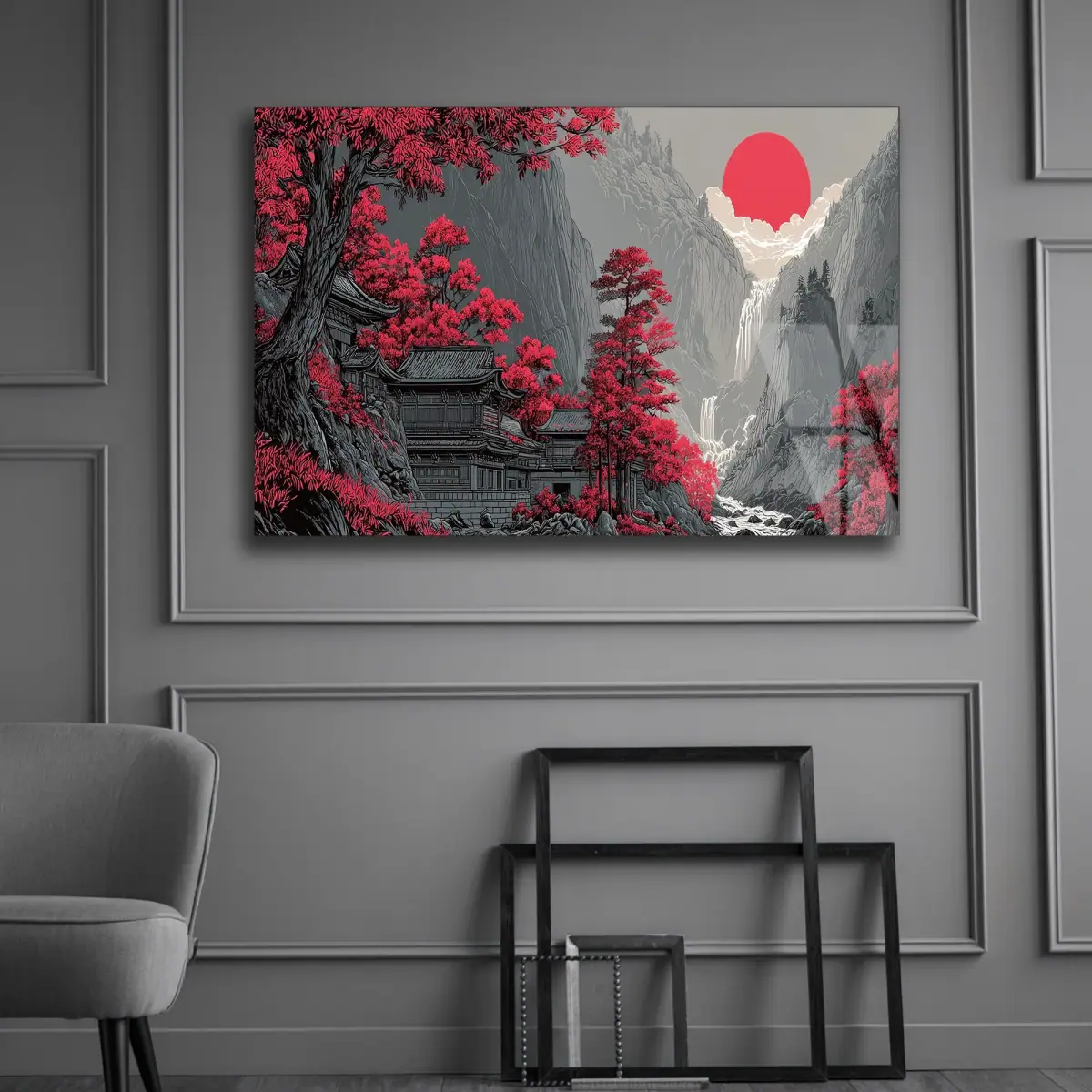 Kızıl Japon Tapınağı Dağ Manzarası Cam Tablo
