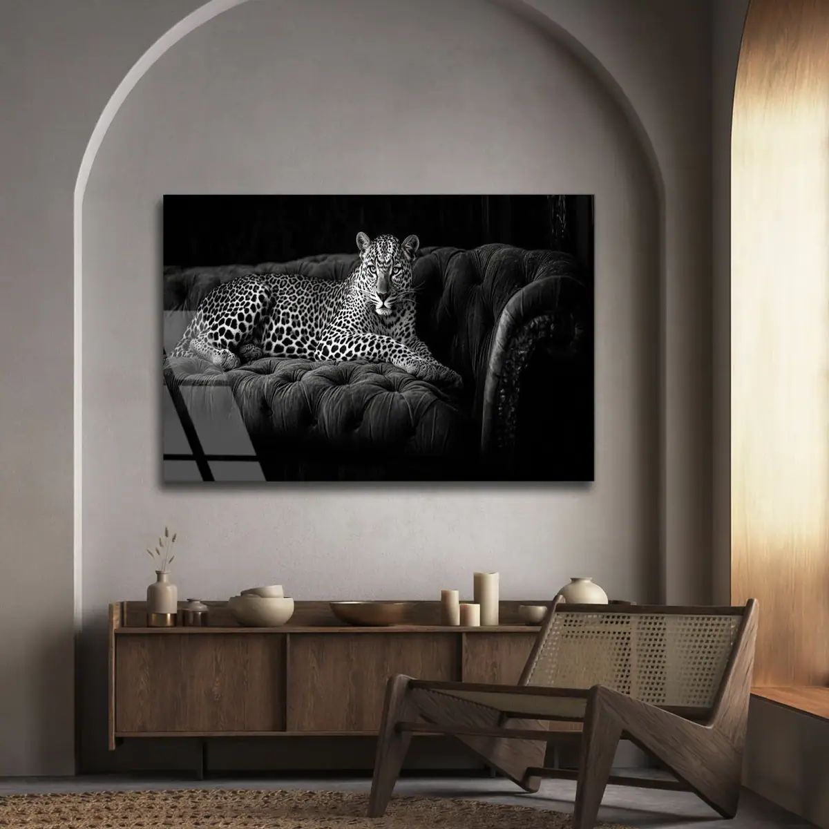 Kadife Koltukta Leopar Cam Tablo