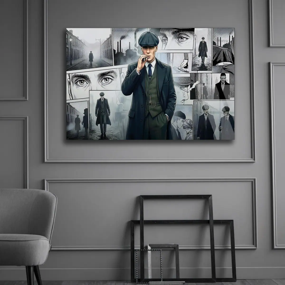 Retro Suç Draması Karakter Kolajı Cam Tablo