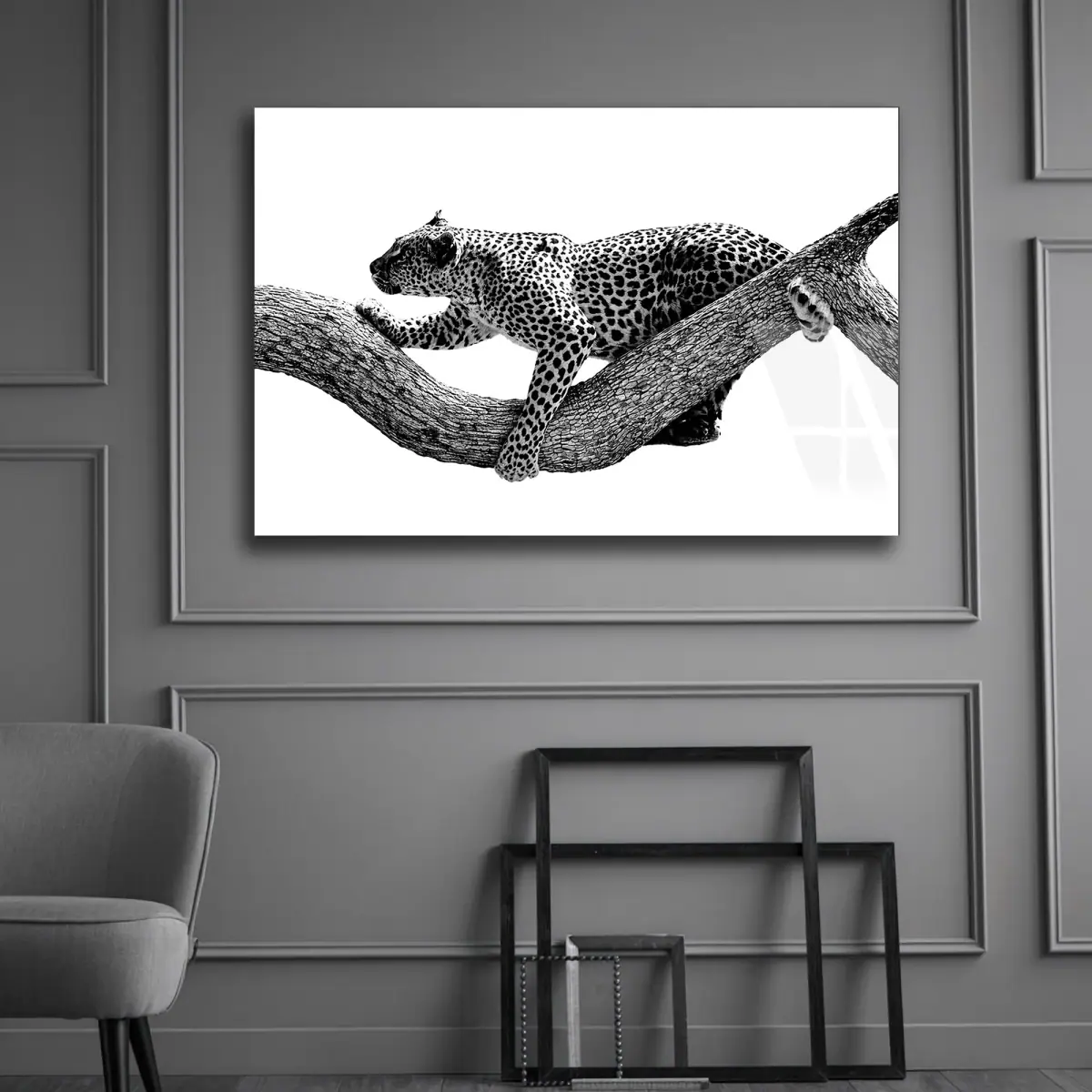 Ağaç Dalında Leopar Siyah Beyaz Cam Tablo