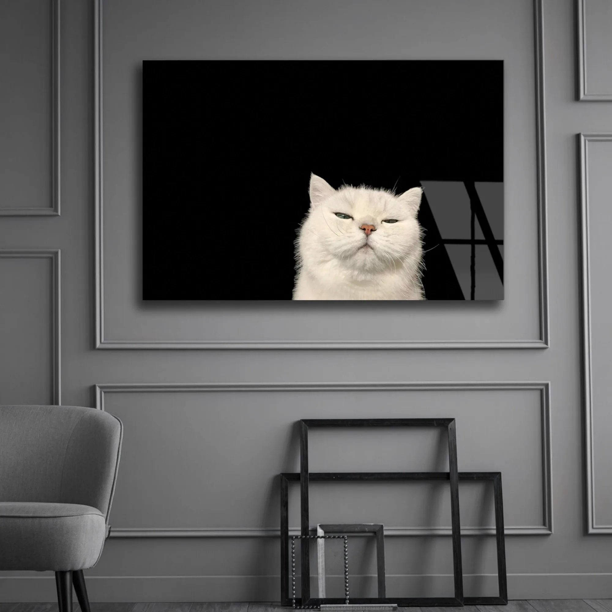 Siyah Zeminde Huysuz Beyaz Kedi Cam Tablo