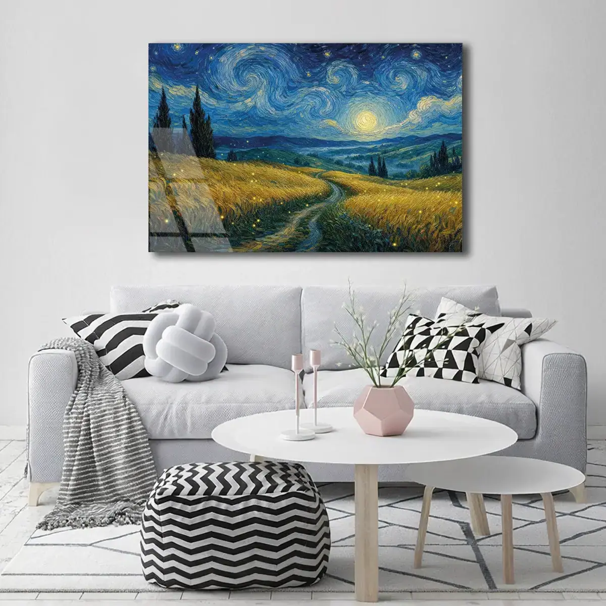 Yıldızlı Gece Buğday Tarlası Cam Tablo