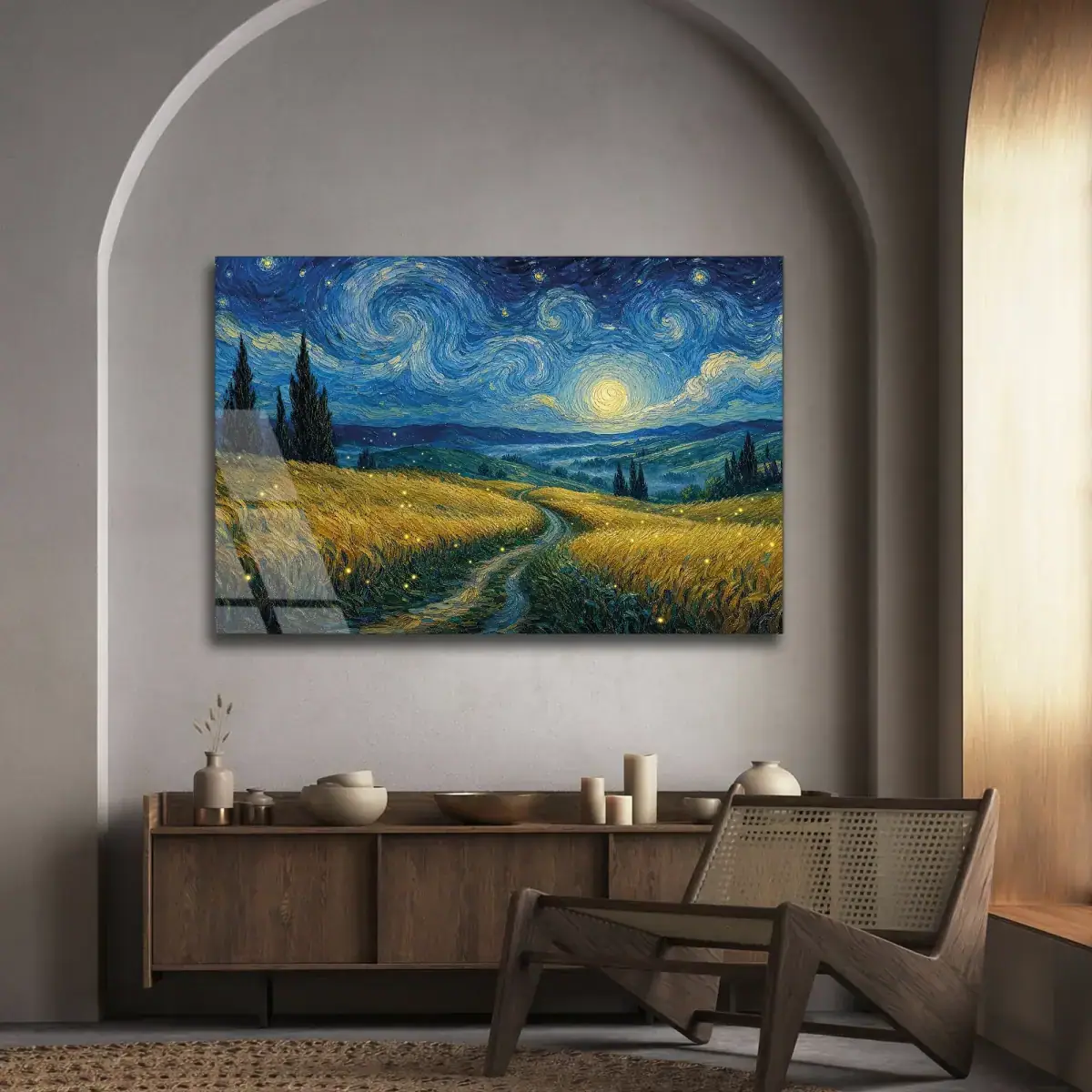 Yıldızlı Gece Buğday Tarlası Cam Tablo