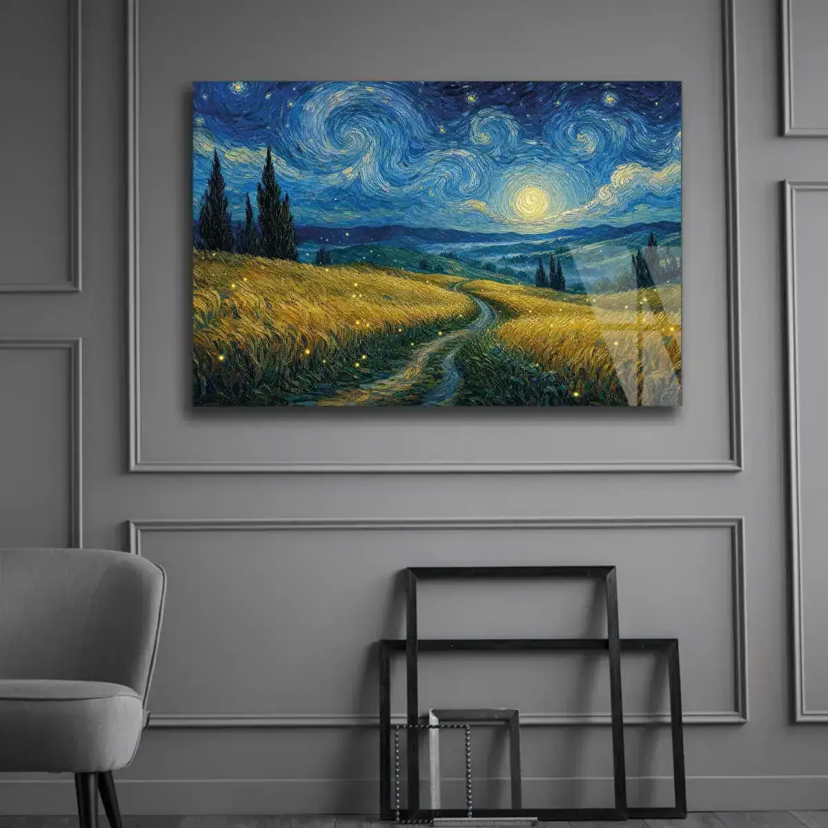 Yıldızlı Gece Buğday Tarlası Cam Tablo