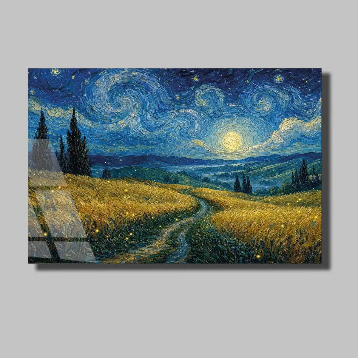 Yıldızlı Gece Buğday Tarlası Cam Tablo