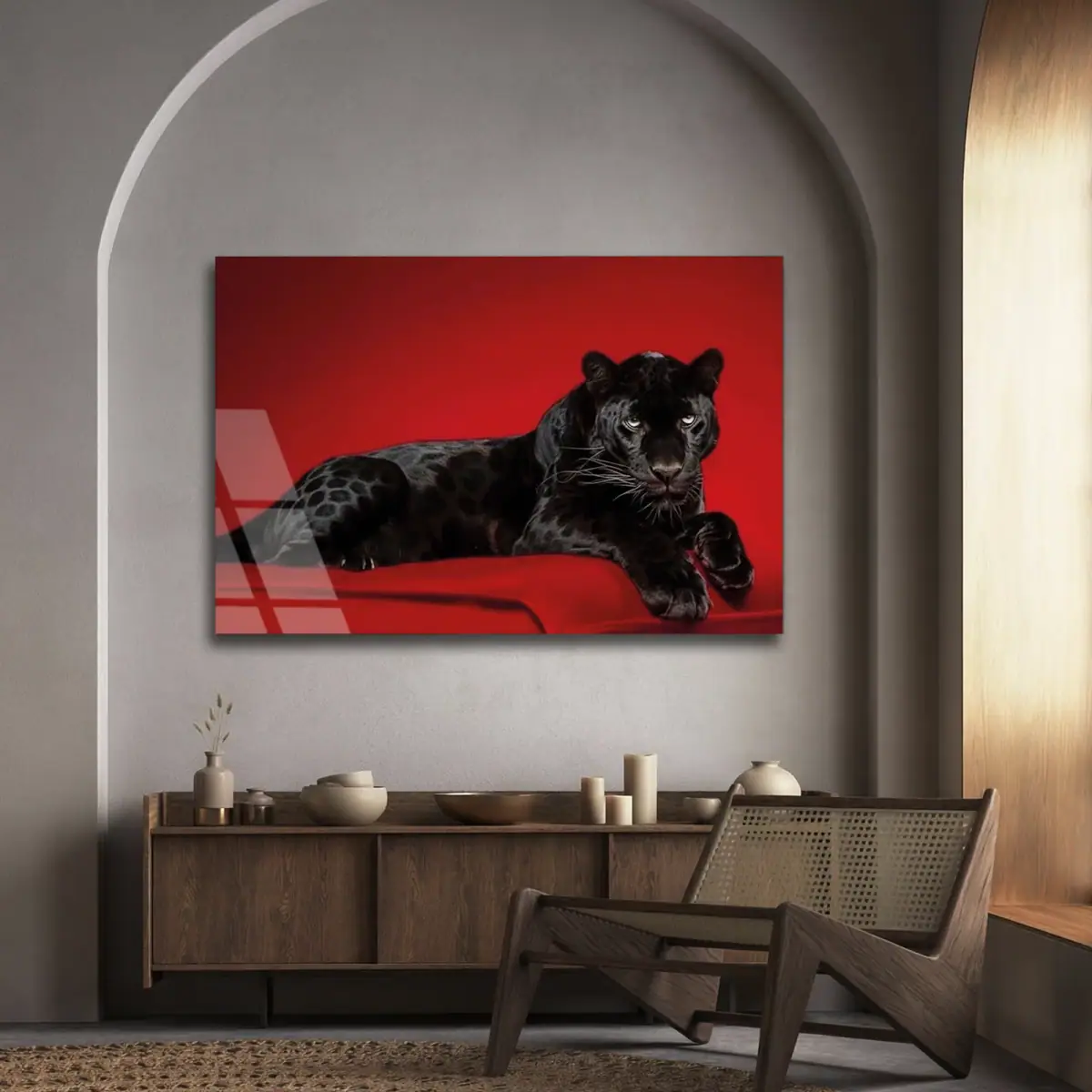 Kırmızı Zeminde Siyah Panter Cam Tablo
