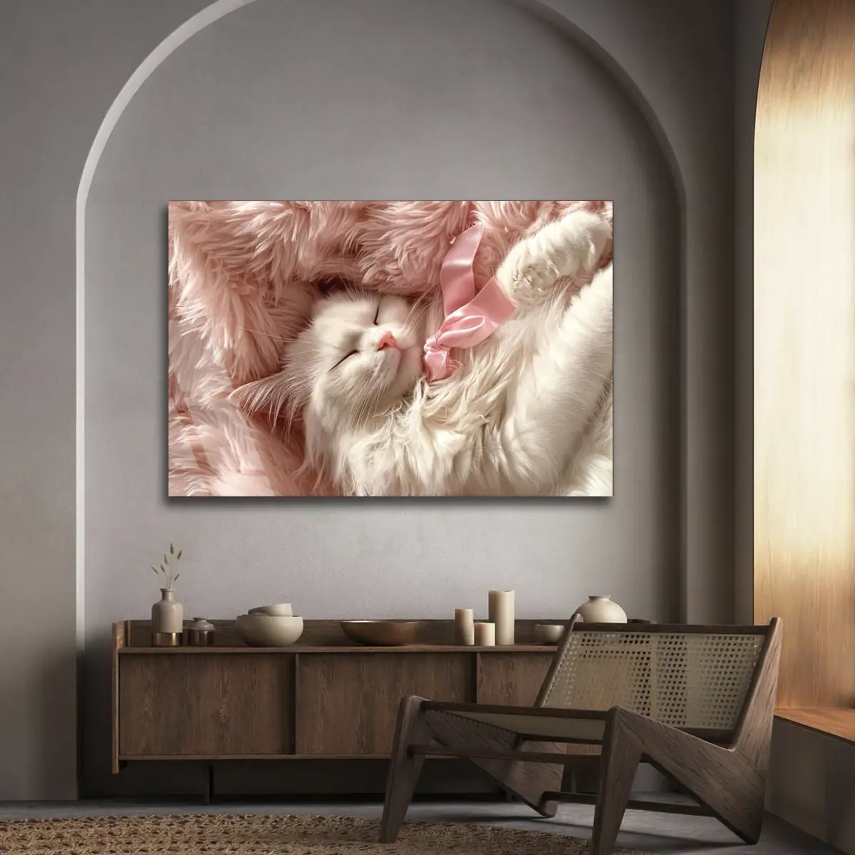 Pembe Kurdeleli Uykudaki Kedi Cam Tablo