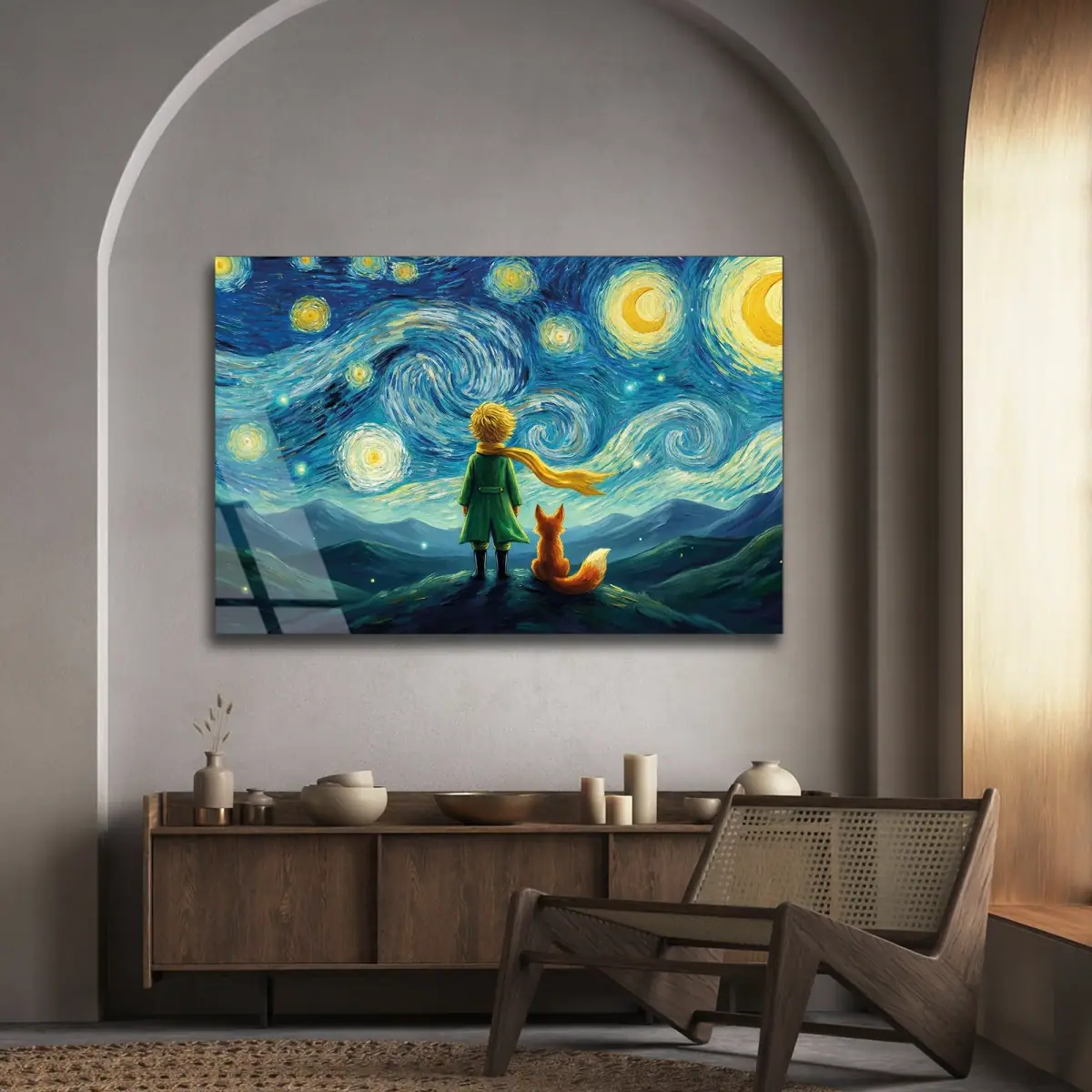 Küçük Prens ve Tilki Yıldızlı Gece Cam Tablo