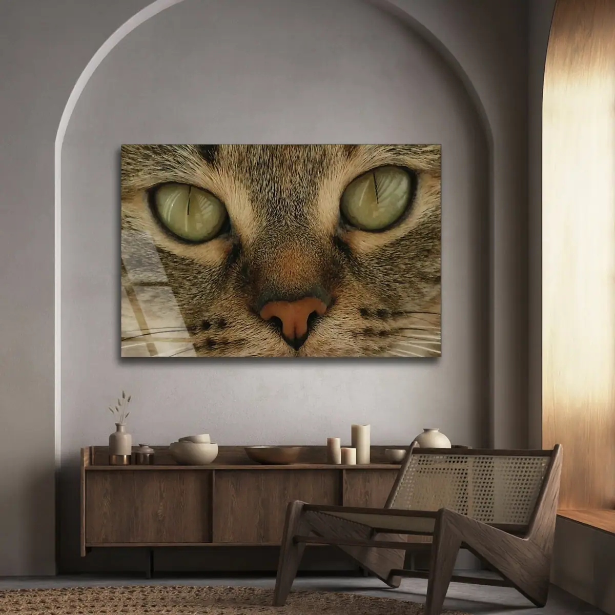 Yeşil Gözlü Kedi Yakın Portre Cam Tablo