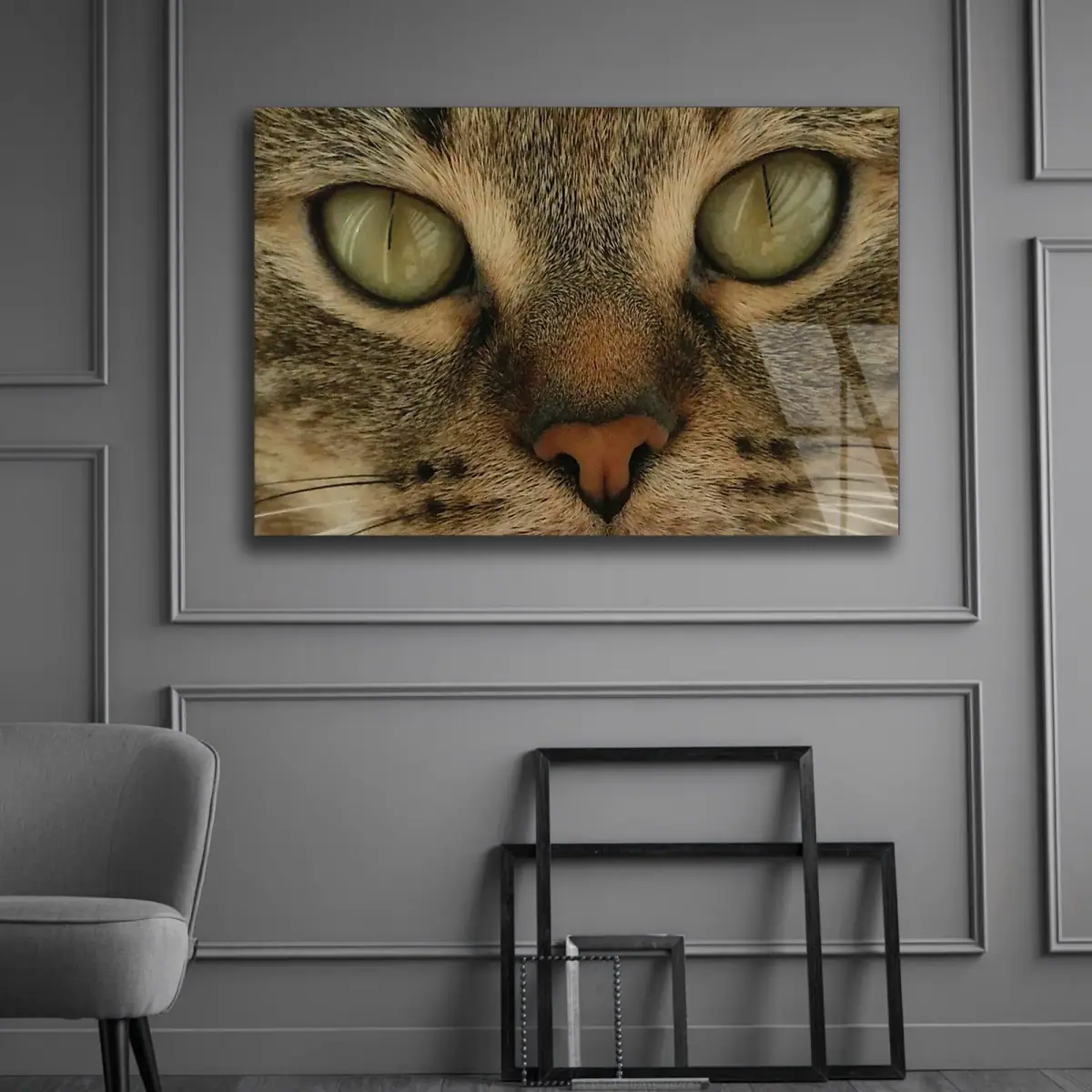 Yeşil Gözlü Kedi Yakın Portre Cam Tablo