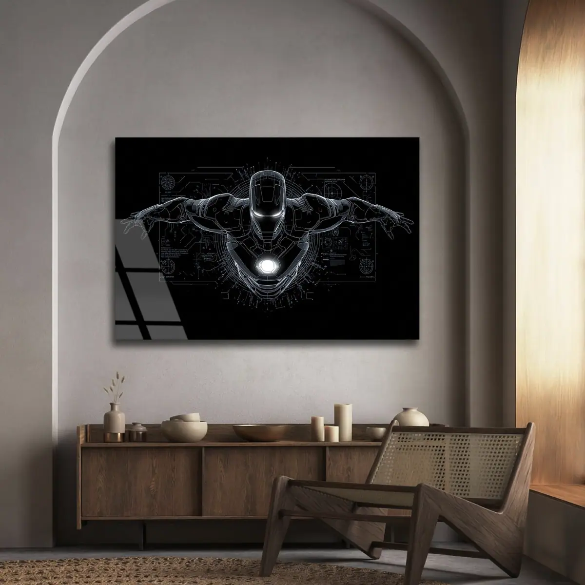 Teknik Çizim Zırhlı Kahraman Cam Tablo
