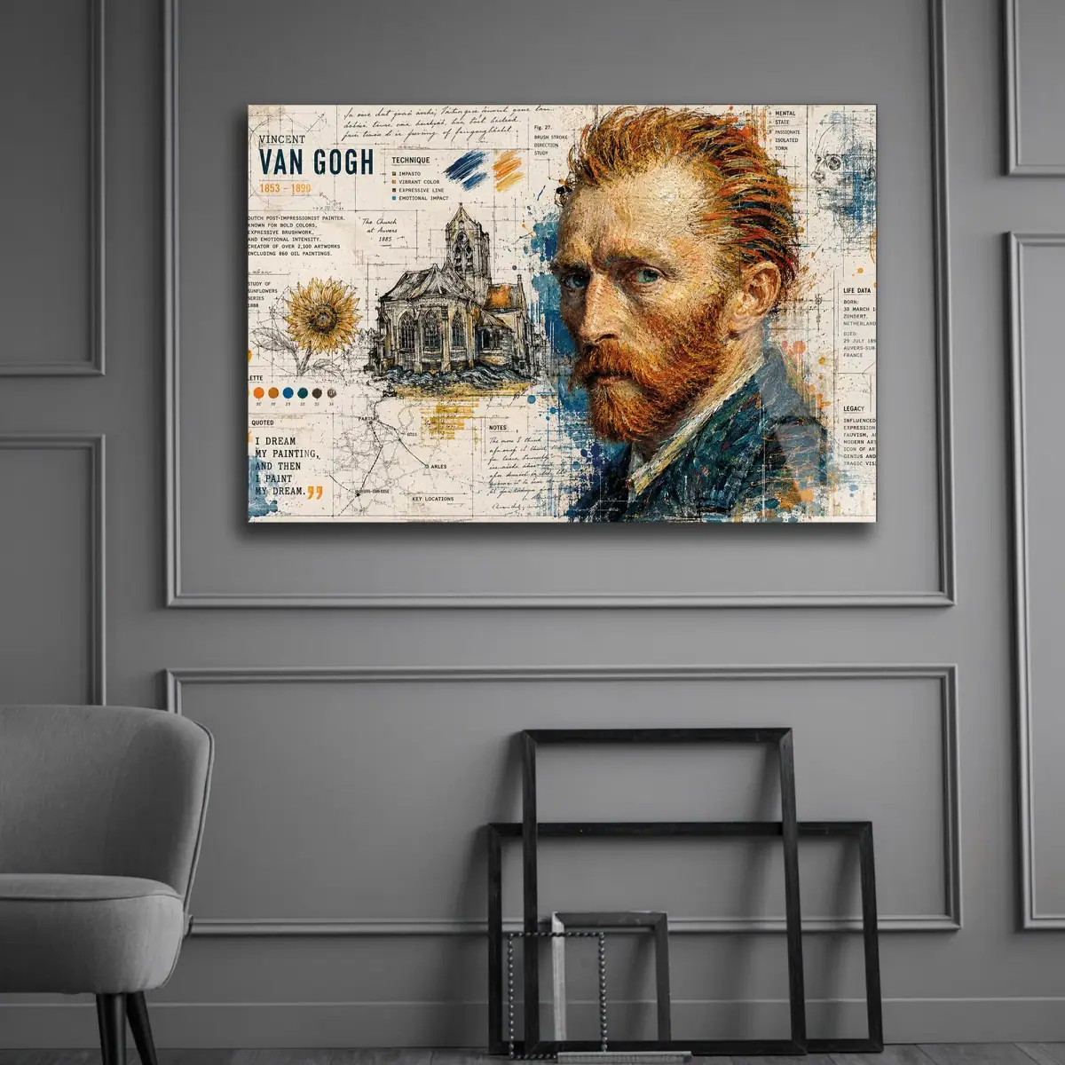Ünlü Ressam Portre Biyografi Kolajı Cam Tablo