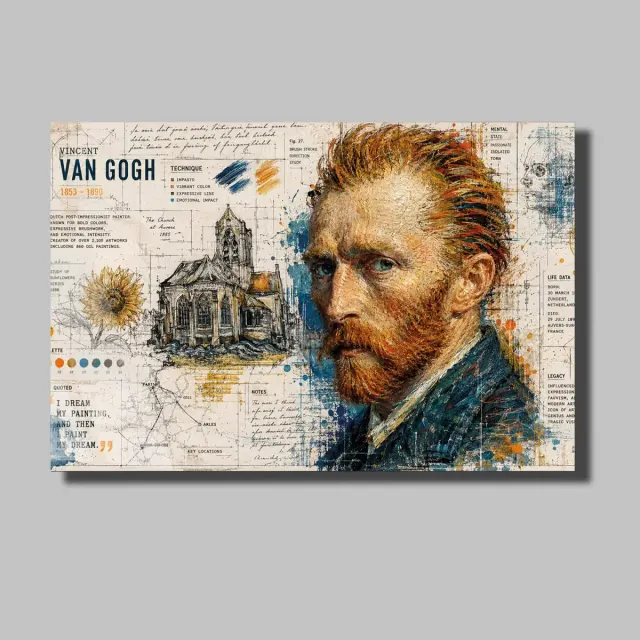 Ünlü Ressam Portre Biyografi Kolajı Cam Tablo