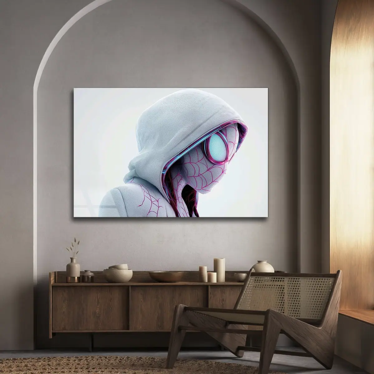 Beyaz Kapüşonlu Örümcek Ağı Desenli Karakter Cam Tablo