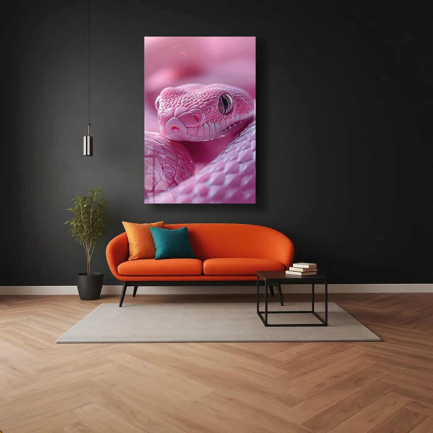 Pembe Albino Yılan Yakın Çekim Cam Tablo