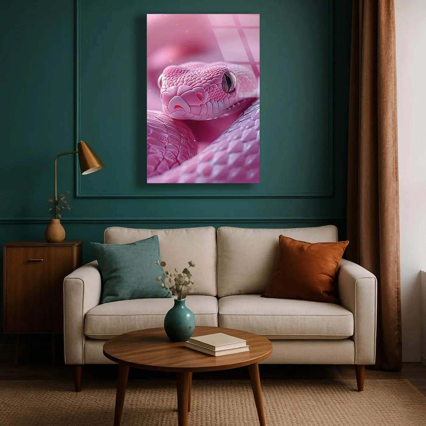 Pembe Albino Yılan Yakın Çekim Cam Tablo