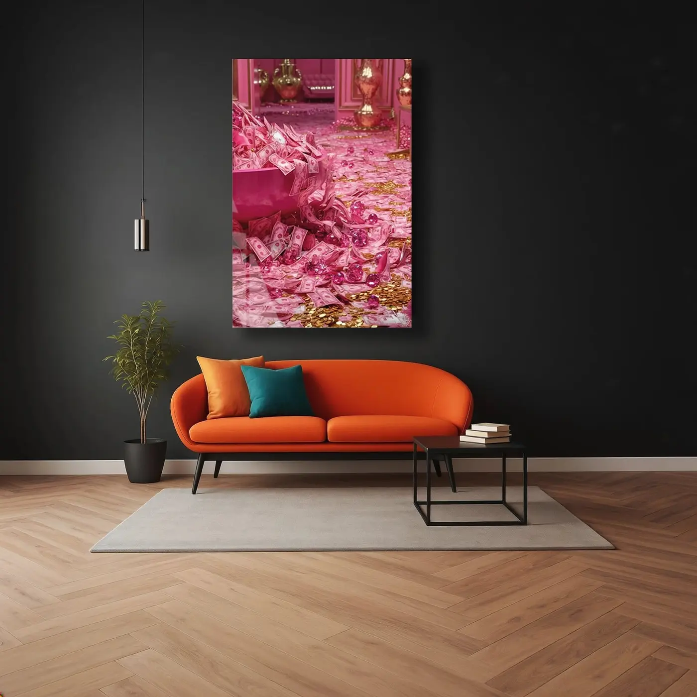 Pembe Lüks Para ve Mücevher Cam Tablo