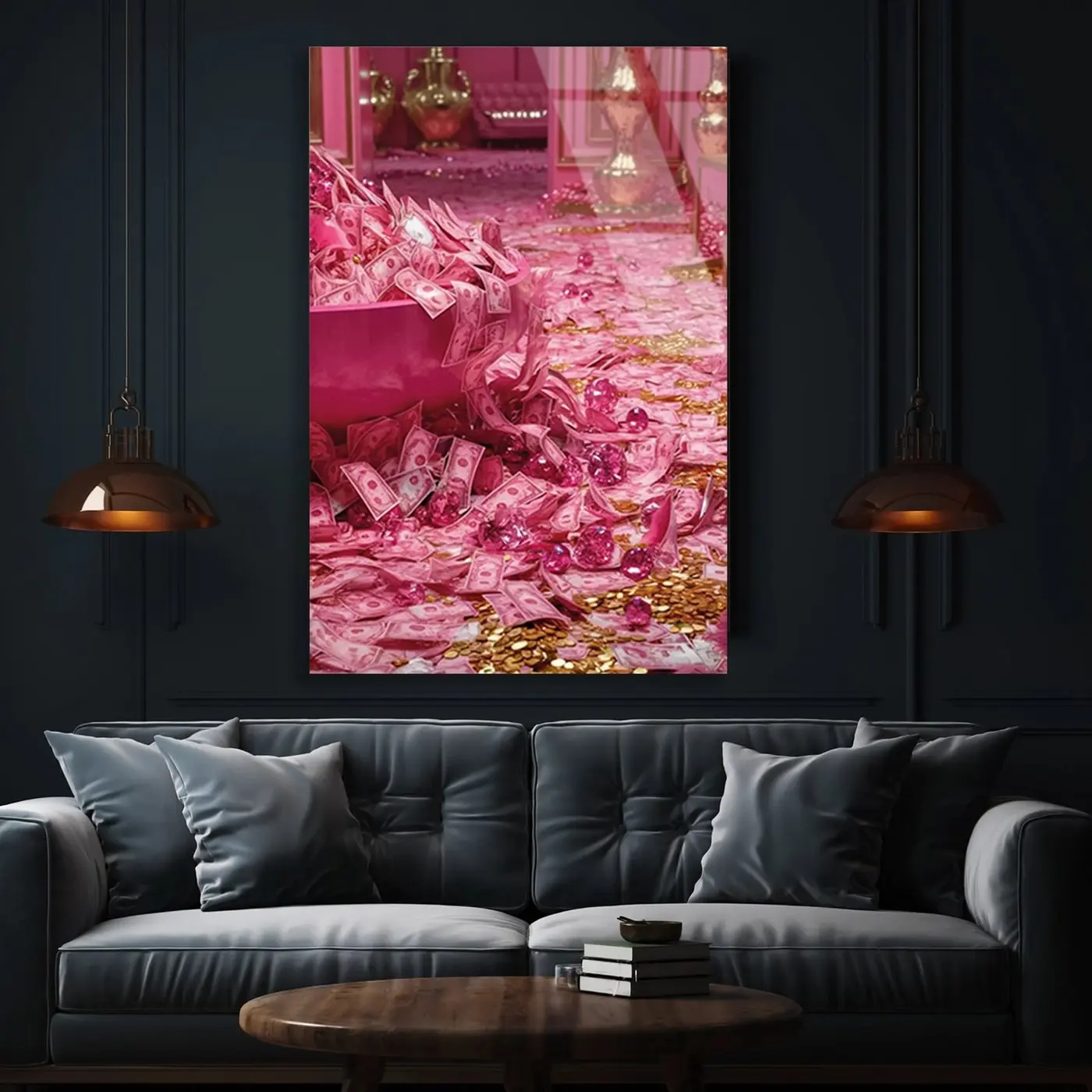Pembe Lüks Para ve Mücevher Cam Tablo